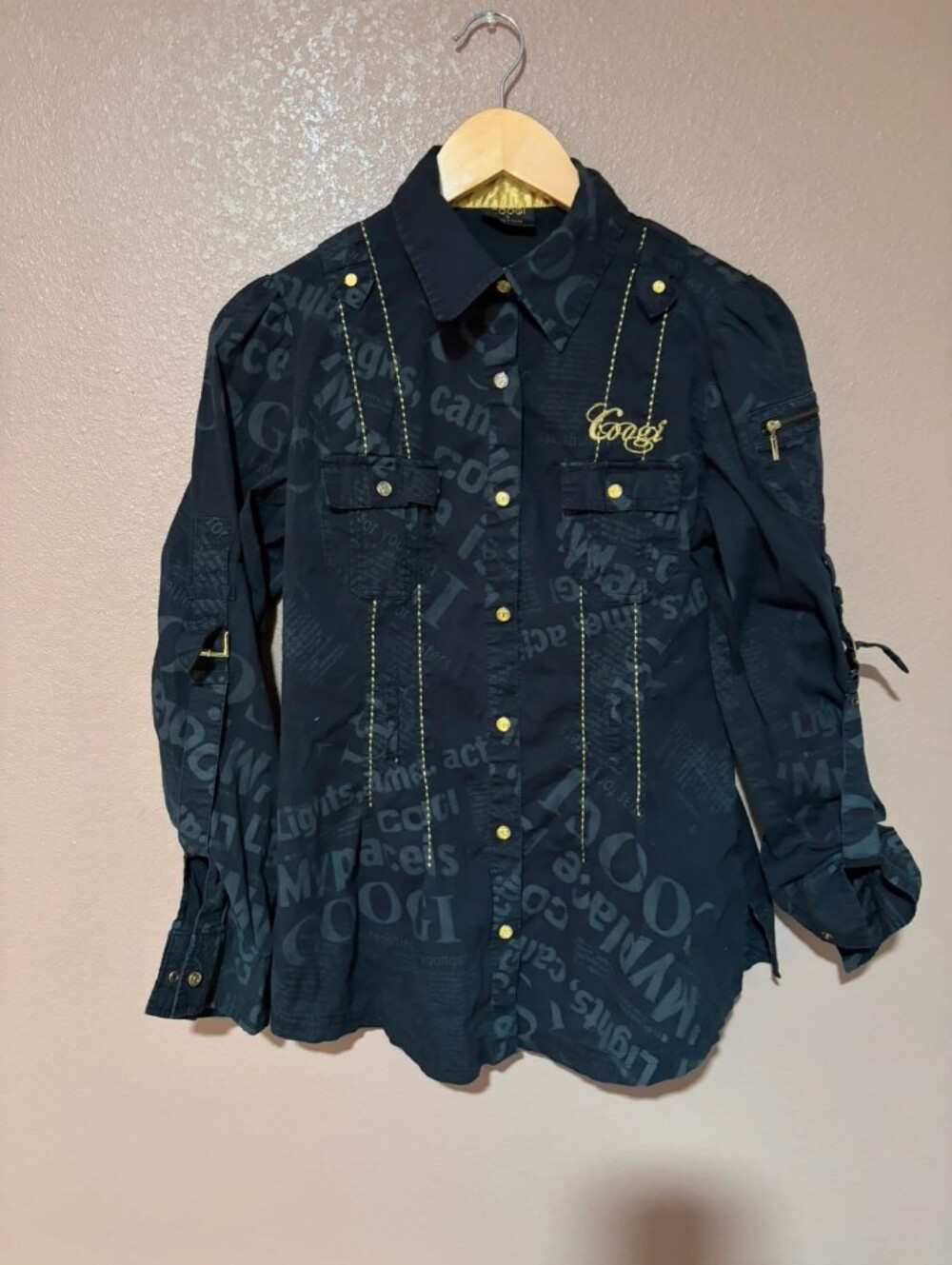 COOGI Black Button-Down Shirt with Gold Logo Accents